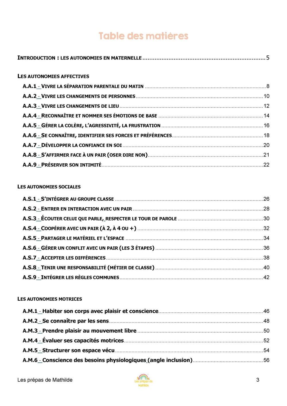 La table des matières du dossier Les autonomies en maternelle